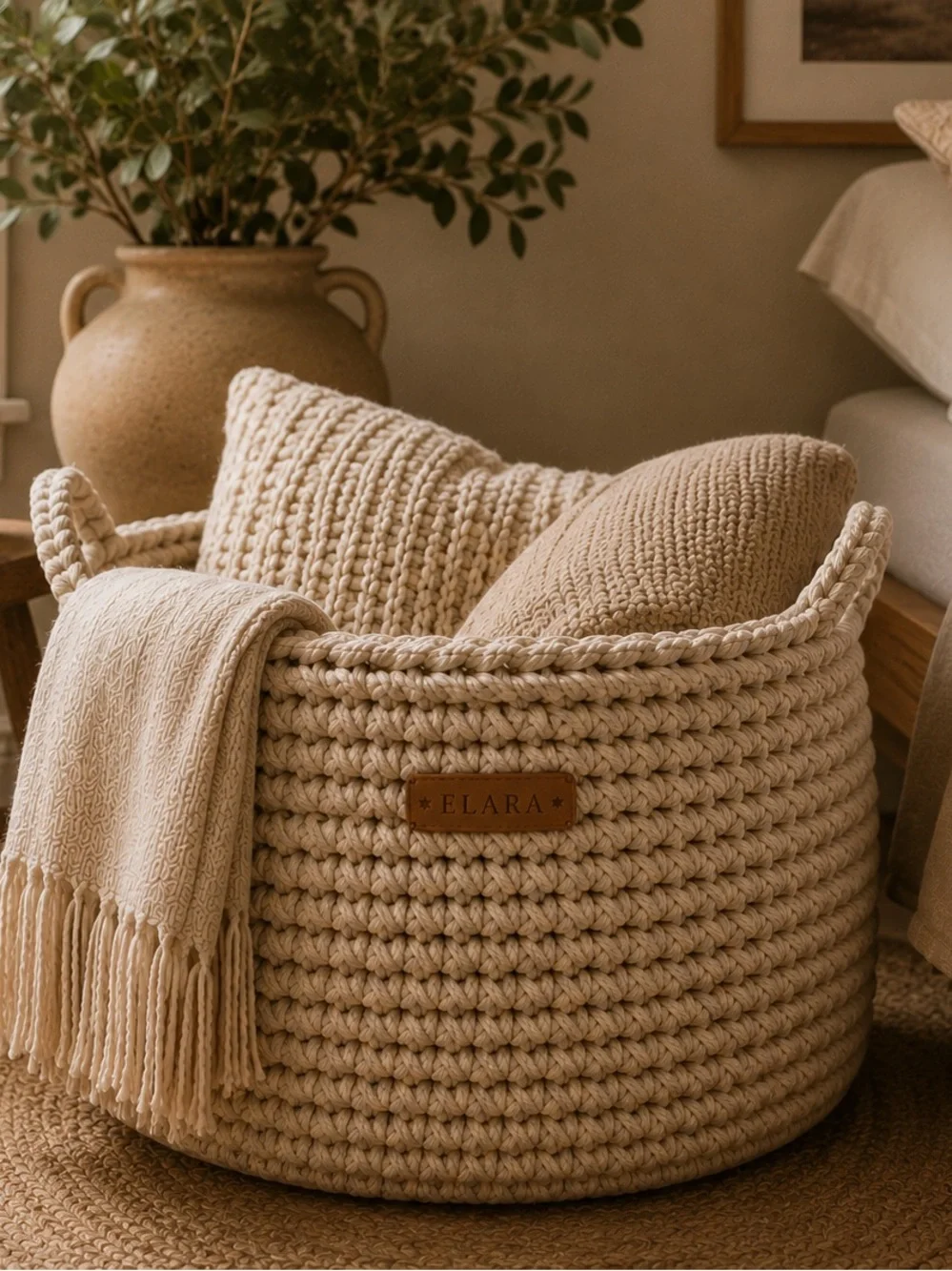 ELARA Handmade Neutral Knit Blanket Basket